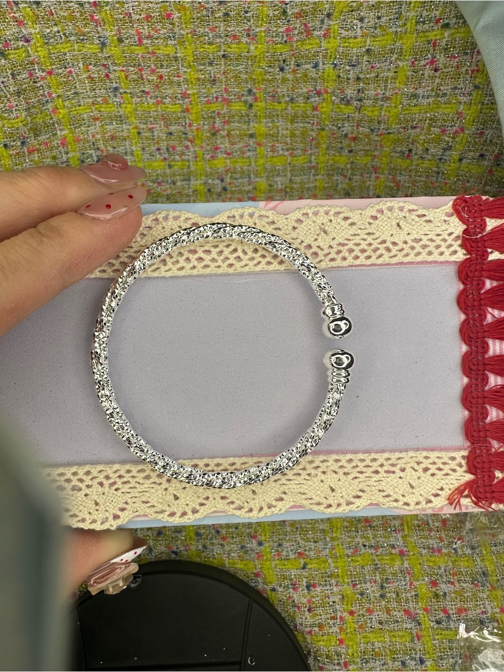 999 Silver Textured Open Bangle Bracelet - Silver